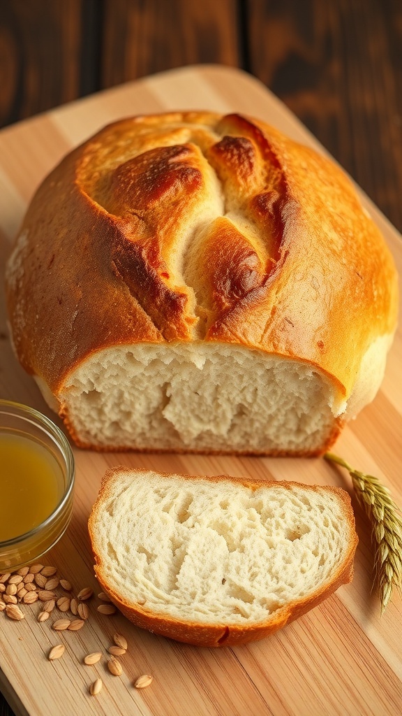 A round loaf of golden-brown sourdough bread on a cutting board, with a slice revealing its airy texture.